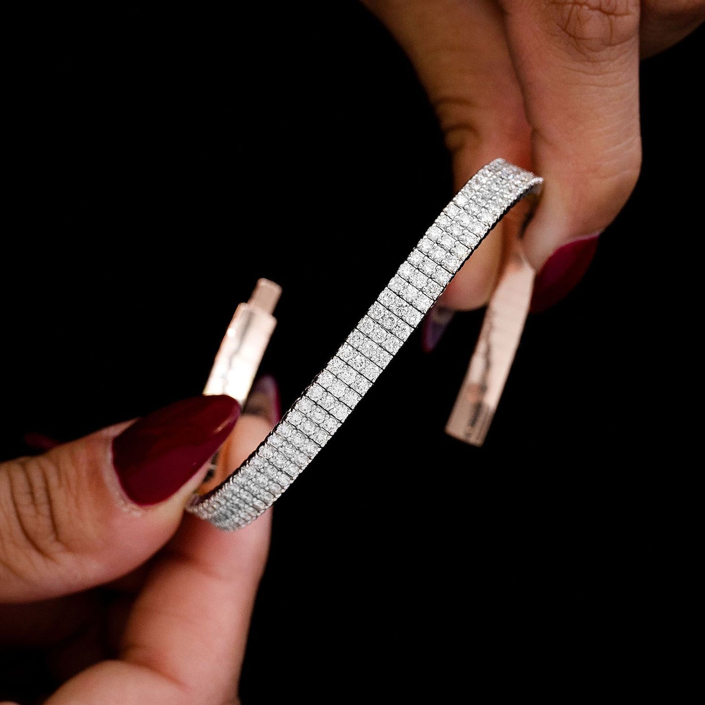 THREE ROW DIAMOND FLEX BANGLE BRACELET 3.85CTW 14K SOLID GOLD