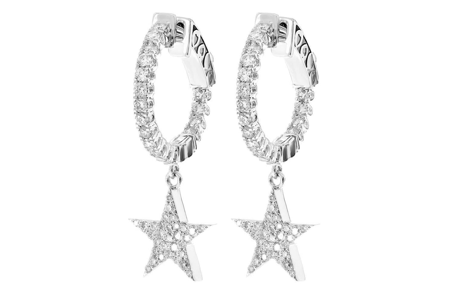 STAR DANGLING HOOP DIAMOND EARRINGS 14K SOLID GOLD 1.25CTW