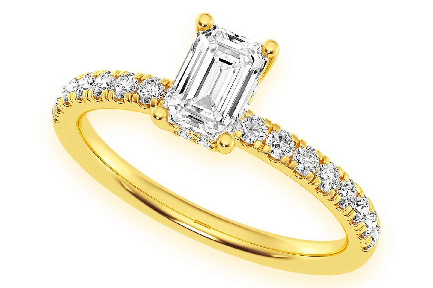 THINN - 0.50CT EMERALD SOLITAIRE - ONE ROW UNDER HALO - DIAMOND ENGAGEMENT RING