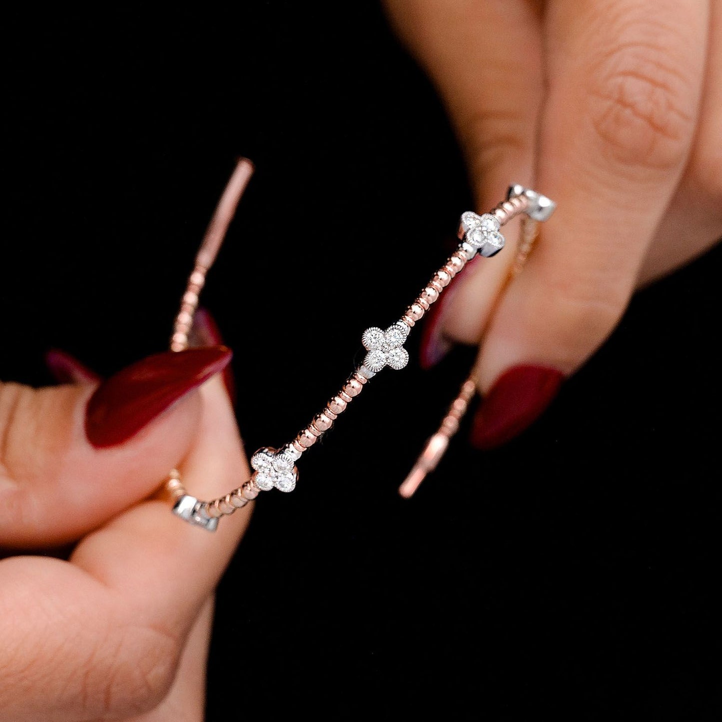 BEADED AND DIAMOND CLOVER MILGRAIN FLEX BANGLE BRACELET 0.60CTW 14K SOLID GOLD