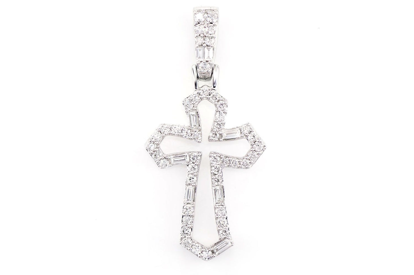 TAPERED OPEN ROUND AND BAGUETTE DIAMOND CROSS PENDANT 14K SOLID GOLD 0.38CTW