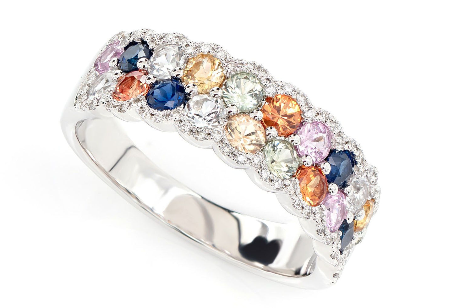 TWO ROW SCALLOP BAND MULTI-COLOR SAPPHIRE RING 14K SOLID GOLD 1.85CTW