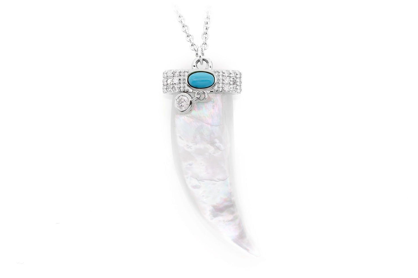 MOTHER OF PEARL HORN DIAMOND TURQUOISE PENDANT & NECKLACE 14K SOLID GOLD
