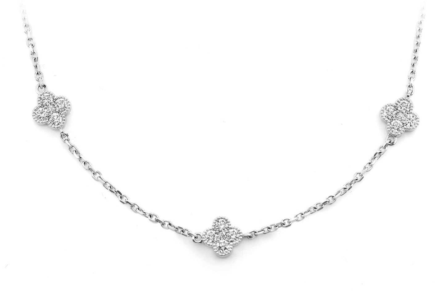 DIAMOND MILGRAIN CLOVER STATION NECKLACE 14K SOLID GOLD 2.35CTW