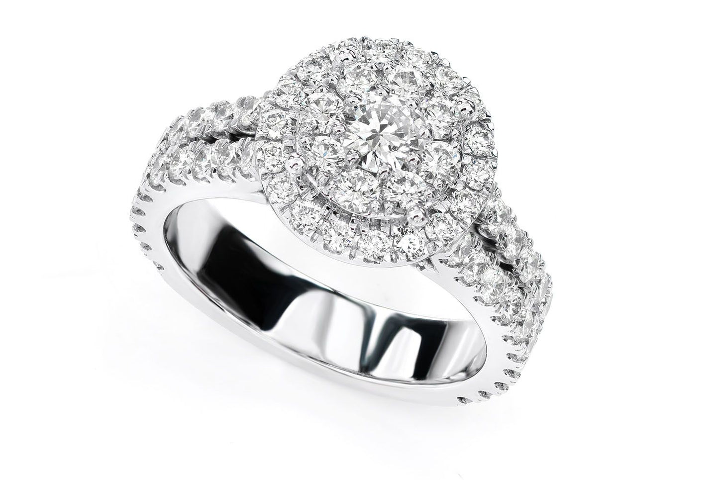 DOUBLE HALO SPLIT SHANK DIAMOND ENGAGEMENT RING 2.00CTW - 14K SOLID GOLD