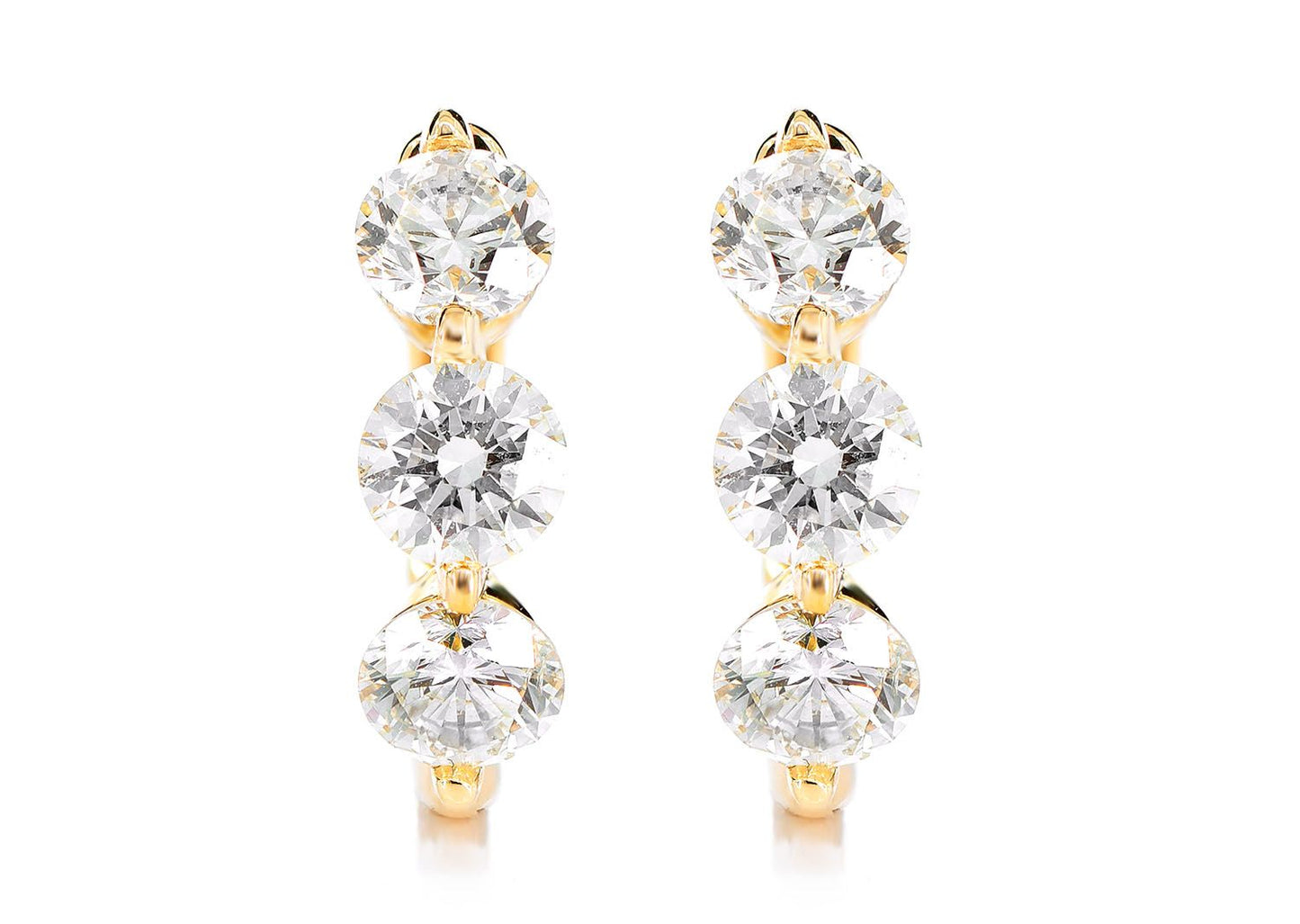 THREE STONE DIAMOND HOOP EARRINGS 14K SOLID GOLD 1.75CTW