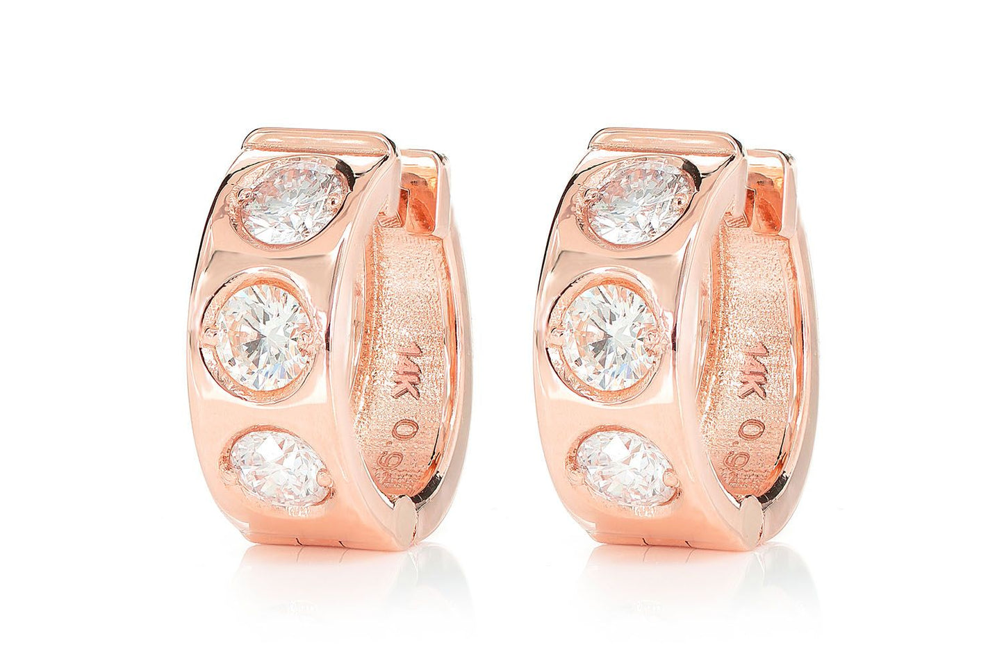 THREE STONE GYPSY SET DIAMOND HUGGIE HOOP EARRINGS 14K SOLID GOLD 0.95CTW