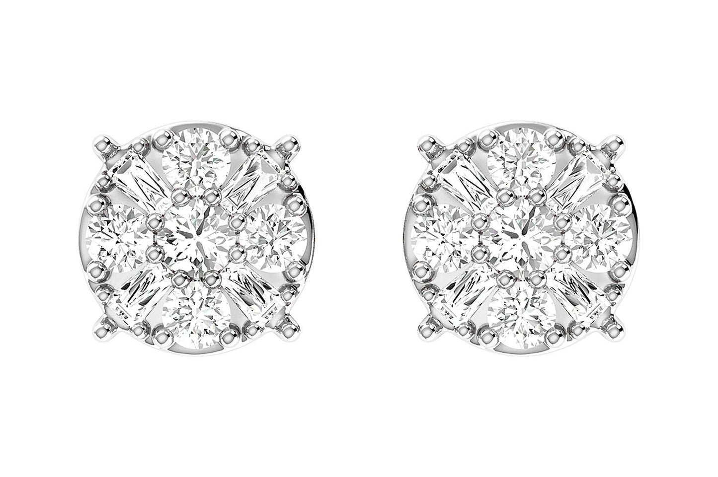 BAGUETTE ROUND CLUSTER STUD EARRINGS 14K