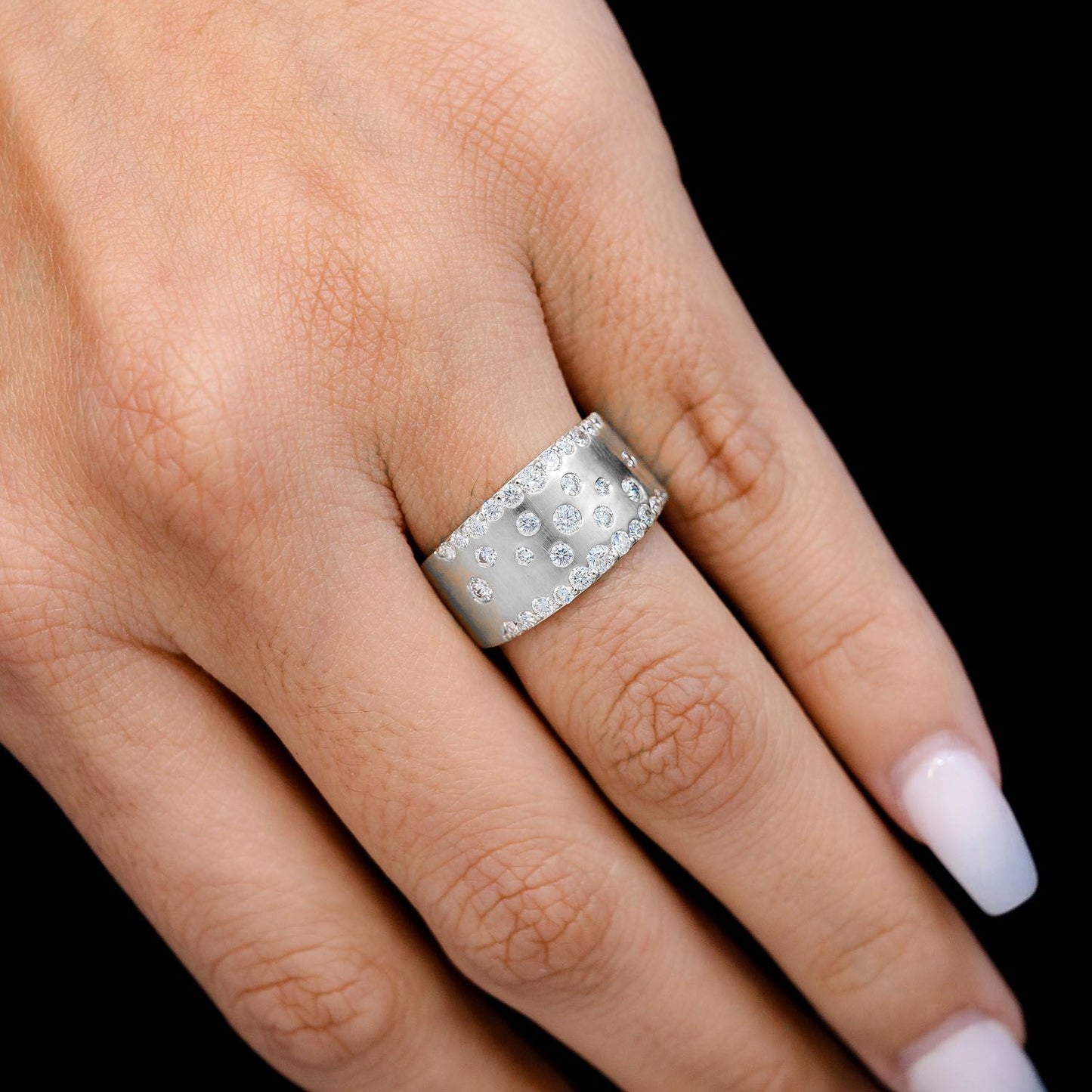 TWO ROW SCATTERED GYPSY SET DIAMOND BAND RING 14K SOLID GOLD 0.85CTW