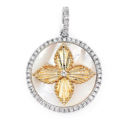 MOTHER OF PEARL AND DIAMOND FOUR PETAL FLOWER DISC PENDANT 14K SOLID GOLD 0.30CTW