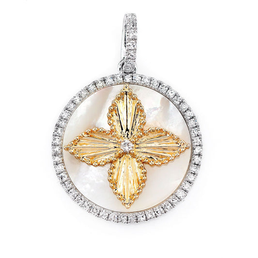 MOTHER OF PEARL AND DIAMOND FOUR PETAL FLOWER DISC PENDANT 14K SOLID GOLD 0.30CTW