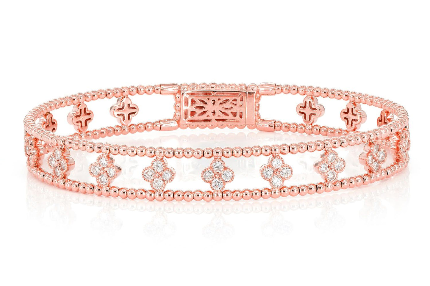 DIAMOND BEADED OPEN CLOVER FLEX BANGLE BRACELET 0.90CTW 14K SOLID GOLD