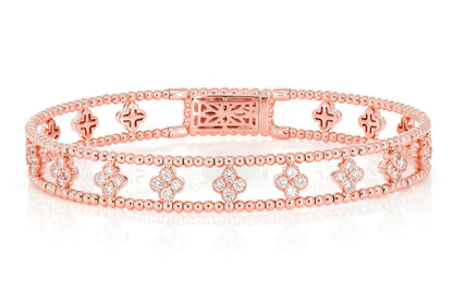 DIAMOND BEADED OPEN CLOVER FLEX BANGLE BRACELET 0.90CTW 14K SOLID GOLD