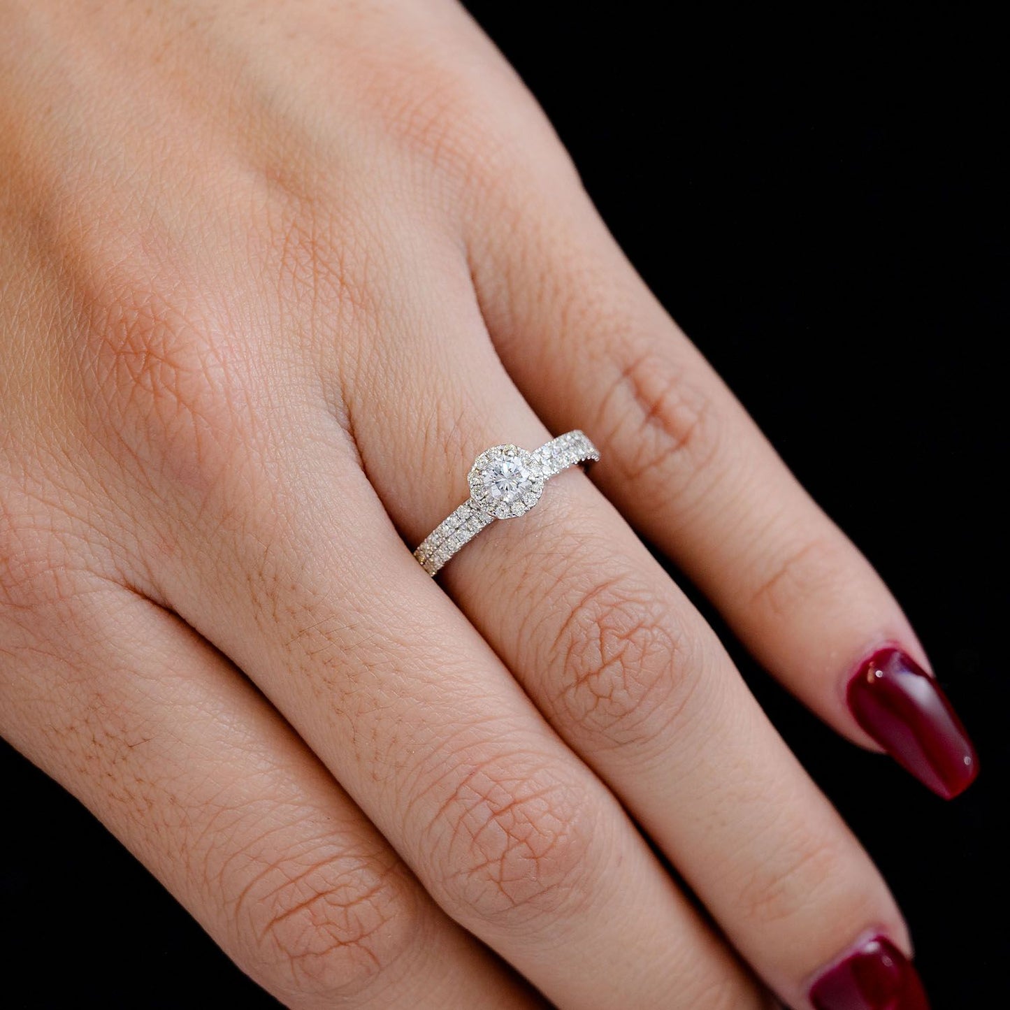 TWO ROW HALO DIAMOND ENGAGEMENT RING 14K SOLID GOLD - 0.66CTW