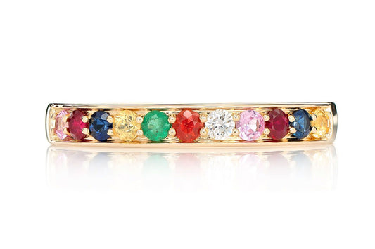 MULTI-COLORED GEMSTONE & DIAMOND BAND 14K SOLID GOLD 0.30CTW