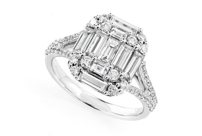 1.85CTW CLUSTER SPLIT SHANK BAGUETTE AND ROUND DIAMOND ENGAGEMENT RING 14K SOLID GOLD