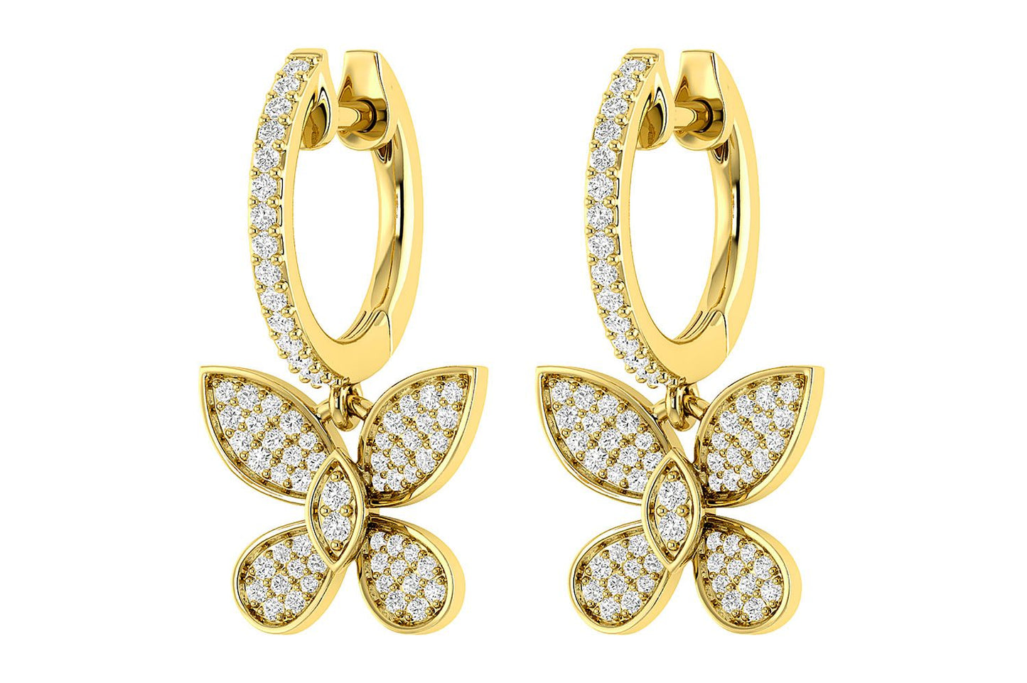 BUTTERFLY DANGLING DIAMOND HOOP EARRINGS 14K SOLID GOLD 0.45CTW