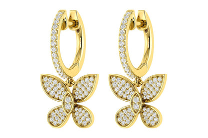 BUTTERFLY DANGLING DIAMOND HOOP EARRINGS 14K SOLID GOLD 0.45CTW