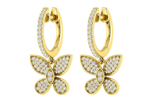 BUTTERFLY DANGLING DIAMOND HOOP EARRINGS 14K SOLID GOLD 0.45CTW