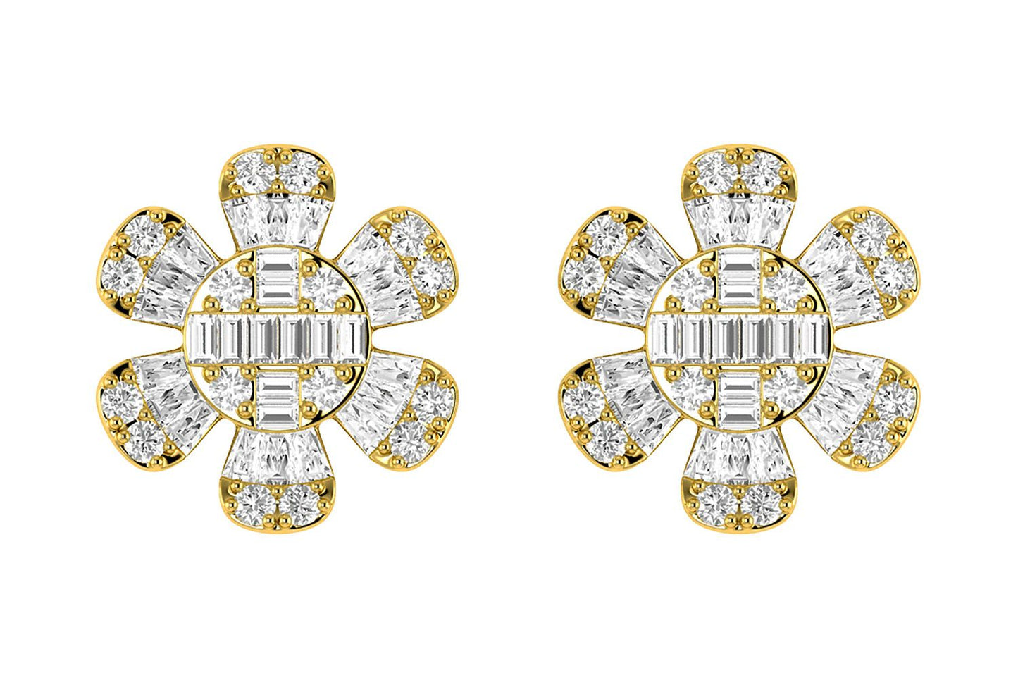 FLORAL BAGUETTE & ROUND DIAMOND STUD EARRINGS 14K SOLID GOLD 0.50CTW