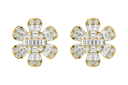 FLORAL BAGUETTE & ROUND DIAMOND STUD EARRINGS 14K SOLID GOLD 0.50CTW
