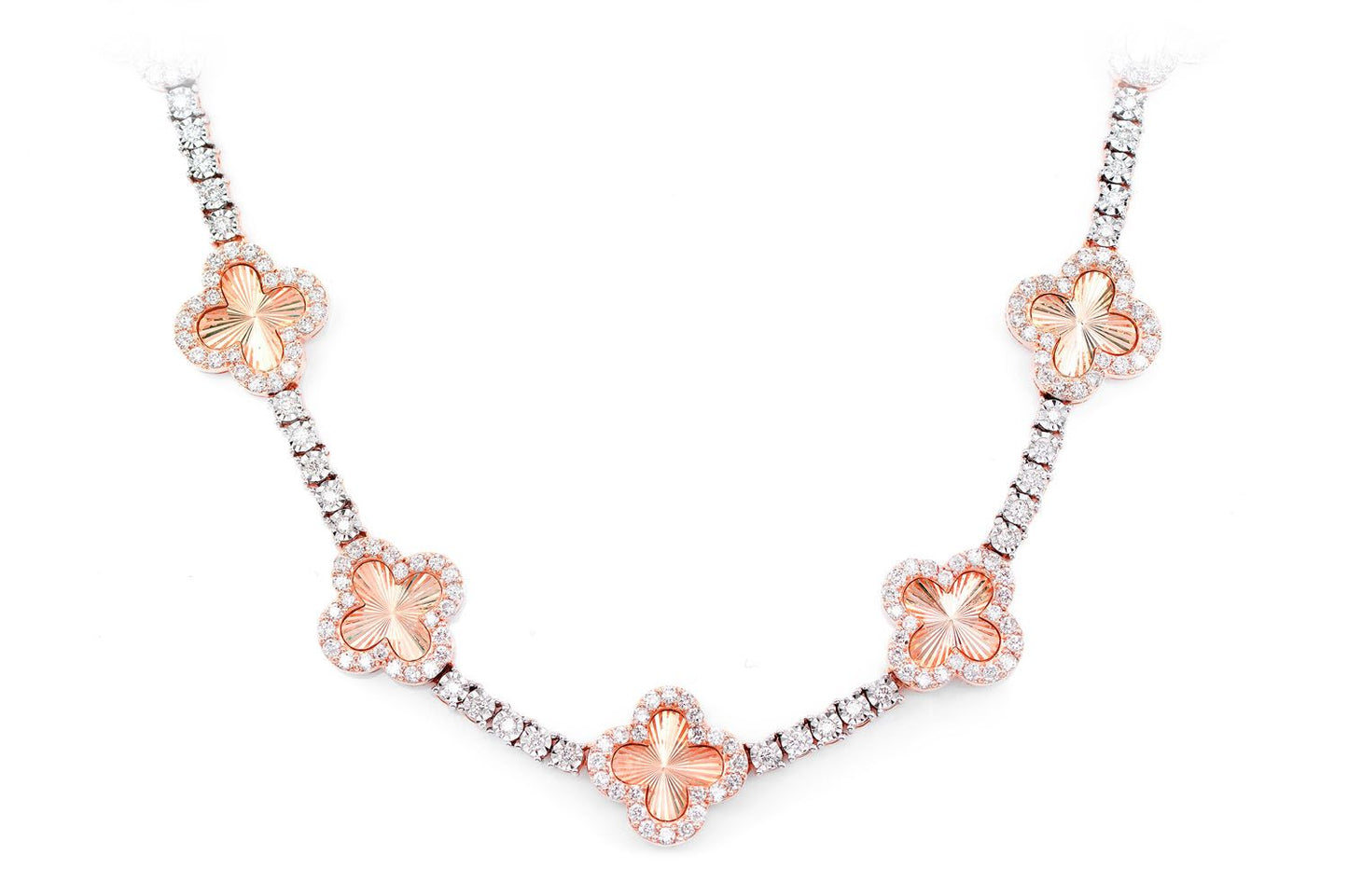 MIRACELE CLOVER LINK DIAMOND TENNIS NECKLACE SOLID GOLD 5.50CTW