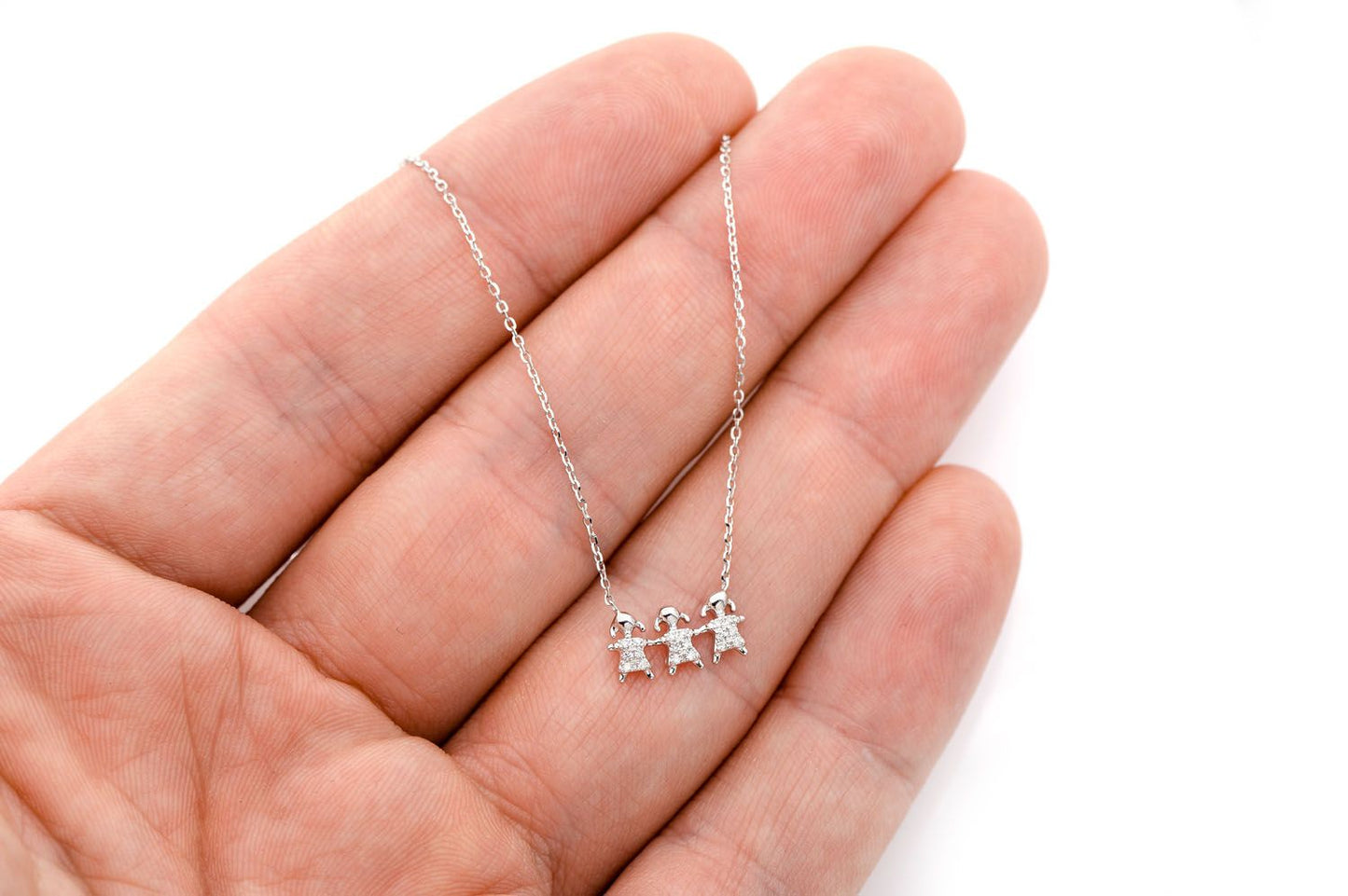 THREE GIRLS DIAMOND NECKLACE 14K SOLID GOLD 0.05CTW