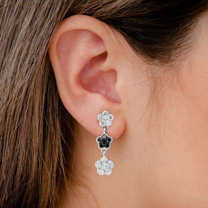 BLACK & WHITE DIAMOND DANGLING CLOVER EARRINGS 14K SOLID GOLD 1.50CTW