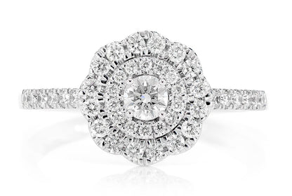 0.66CTW DOUBLE HALO SCROLL DIAMOND ENGAGEMENT RING 14K SOLID GOLD - 0.66CTW