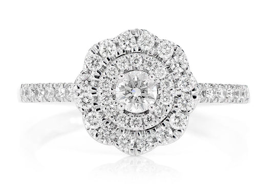 0.66CTW DOUBLE HALO SCROLL DIAMOND ENGAGEMENT RING 14K SOLID GOLD - 0.66CTW