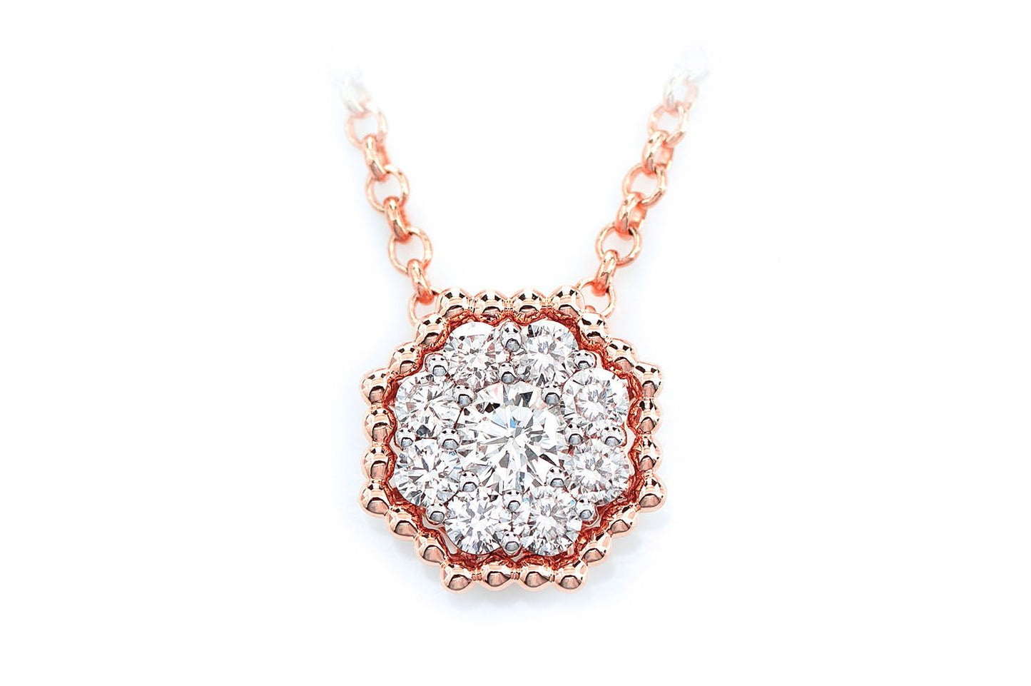BEADED HEXAGON CLUSTER DIAMOND PENDANT ATTACHED NECKLACE 14K SOLID GOLD 0.45CTW