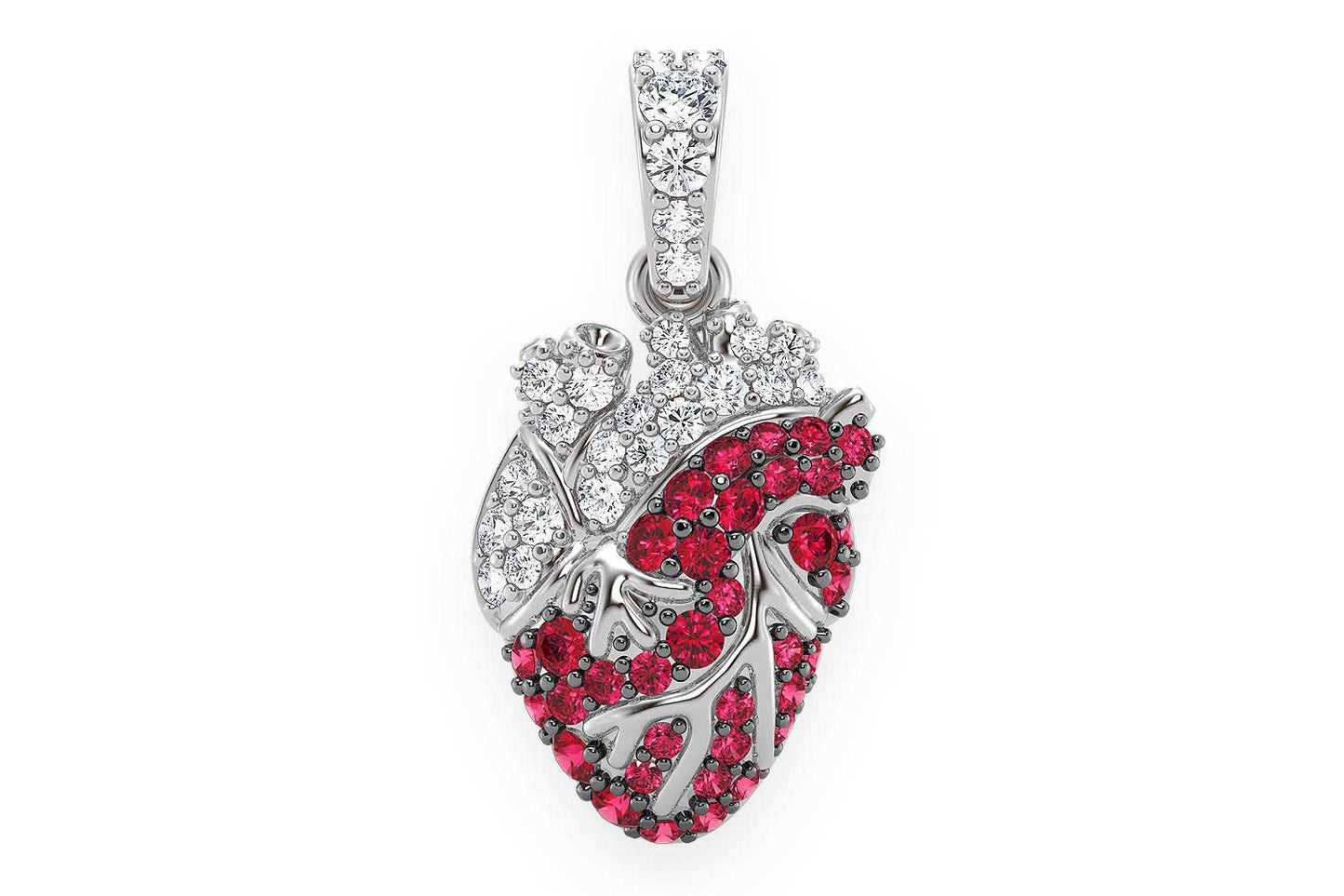 HUMAN HEART RUBY & DIAMOND PENDANT 14K SOLID GOLD .40CTW
