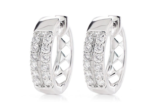 TWO ROW SPLIT DIAMOND HOOP EARRINGS 14K SOLID GOLD 0.50CTW