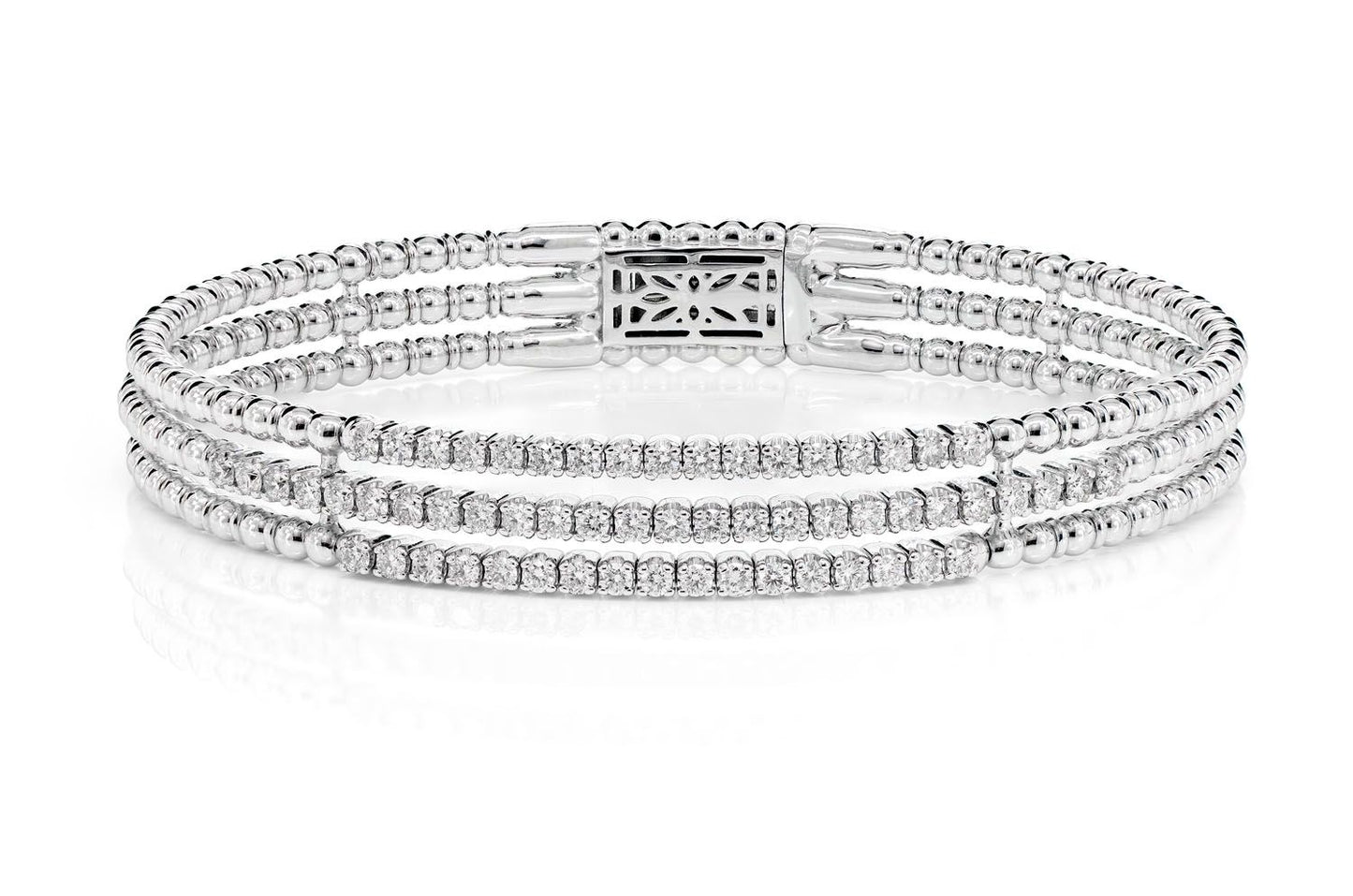 THREE ROW BEADED DIAMOND FLEX BANGLE BRACELET 14K SOLID GOLD 1.50CTW