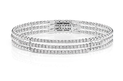 THREE ROW BEADED DIAMOND FLEX BANGLE BRACELET 14K SOLID GOLD 1.50CTW