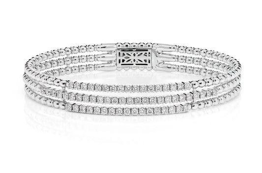THREE ROW BEADED DIAMOND FLEX BANGLE BRACELET 14K SOLID GOLD 1.50CTW