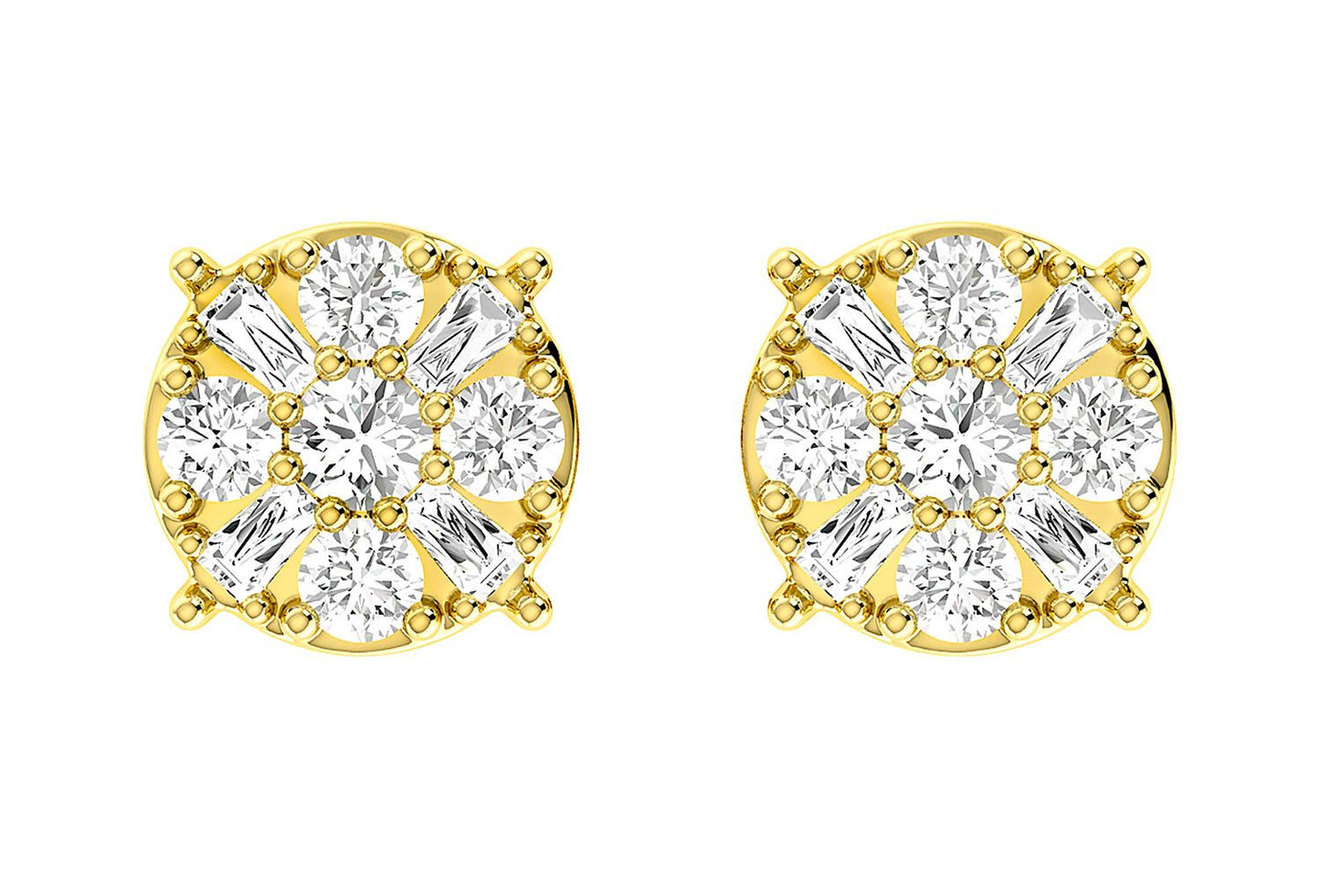 BAGUETTE ROUND CLUSTER STUD EARRINGS 14K