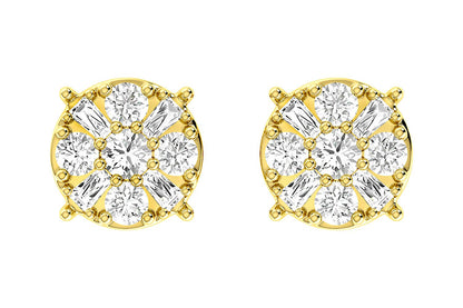 BAGUETTE ROUND CLUSTER STUD EARRINGS 14K