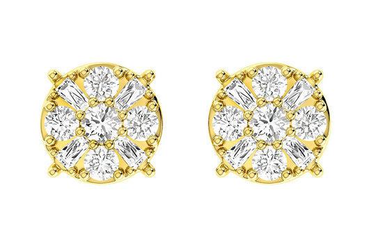 BAGUETTE ROUND CLUSTER STUD EARRINGS 14K