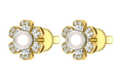 PEARL DIAMOND DAISY STUD EARRINGS 14K SOLID GOLD 0.30CTW
