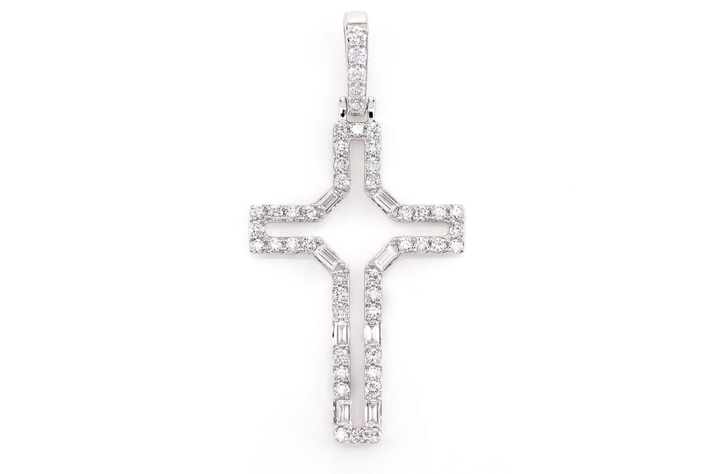 OPEN ROUND AND BAGUETTE DIAMOND CROSS PENDANT 14K SOLID GOLD 0.50CTW