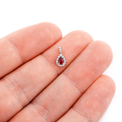 PEAR RUBY WITH DIAMOND HALO PENDANT 14K SOLID GOLD 0.10CTW