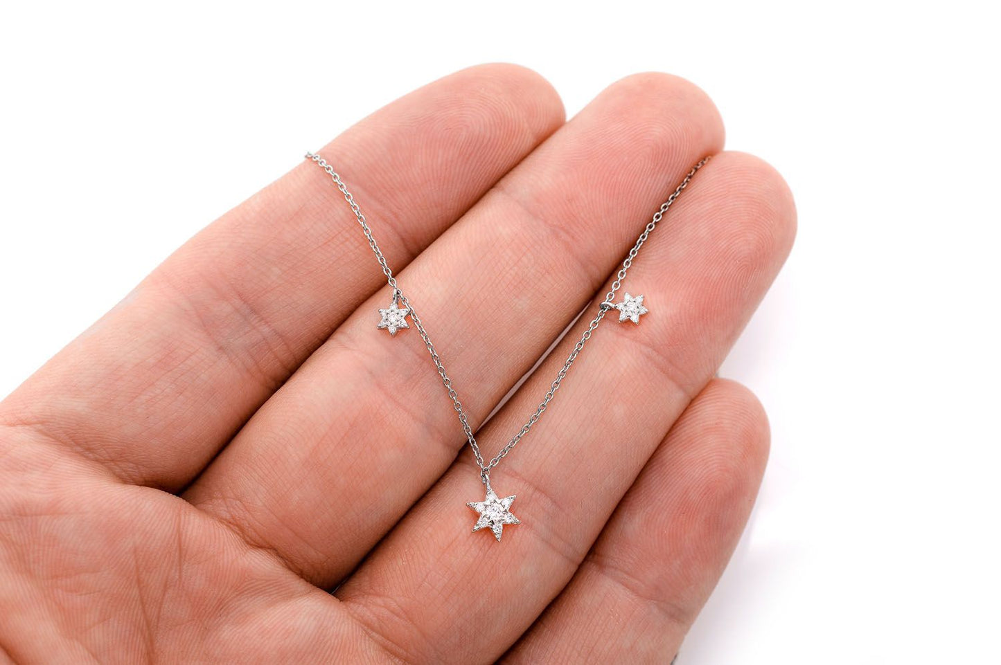 THREE STAR DIAMOND NECKLACE 14K SOLID GOLD 0.21CTW