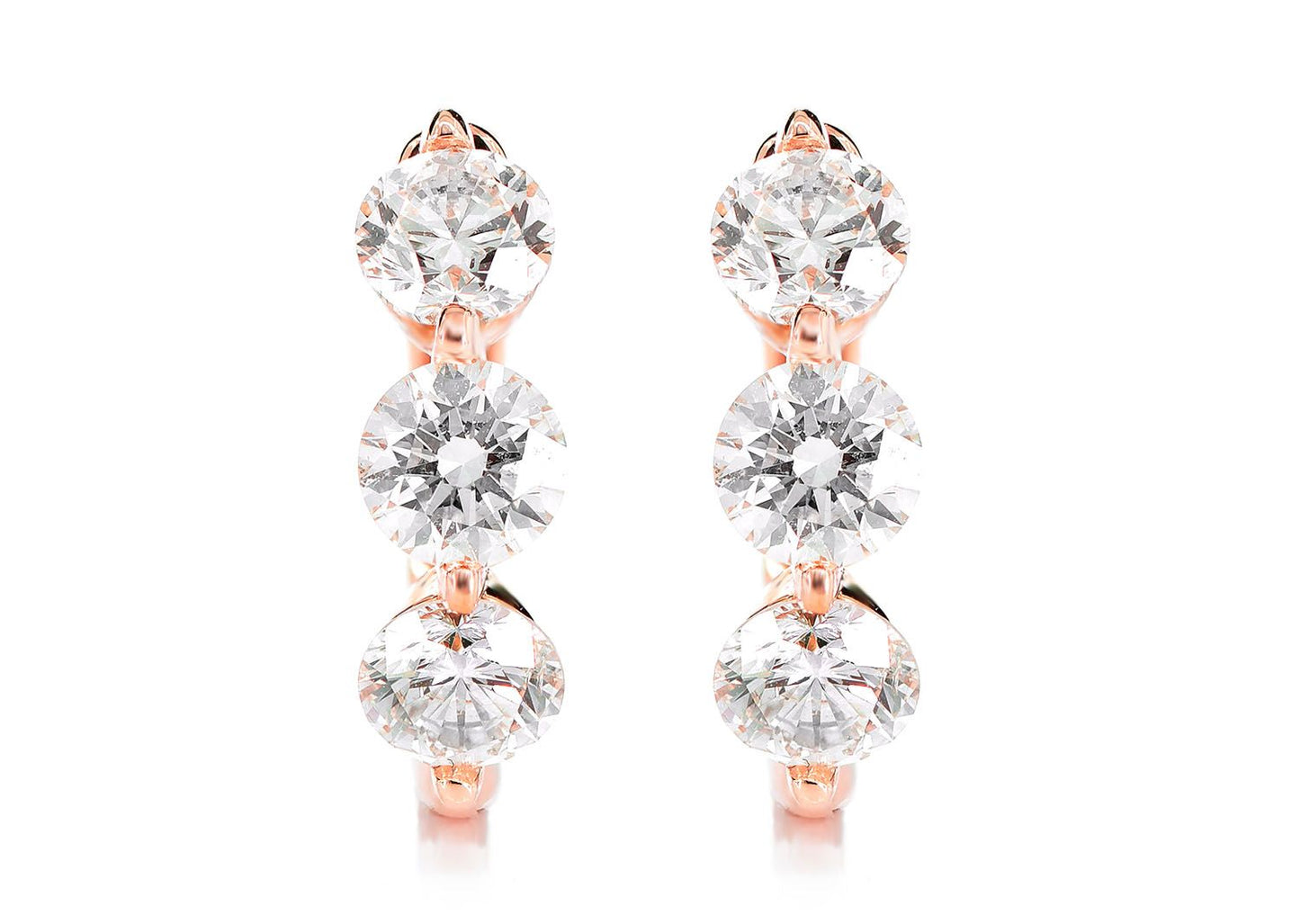 THREE STONE DIAMOND HOOP EARRINGS 14K SOLID GOLD 1.75CTW