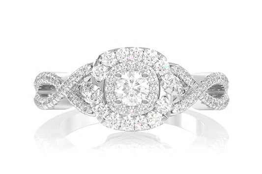 0.70CTW ROUND DIAMOND HALO CROSSOVER SHANK - DIAMOND ENGAGEMENT RING