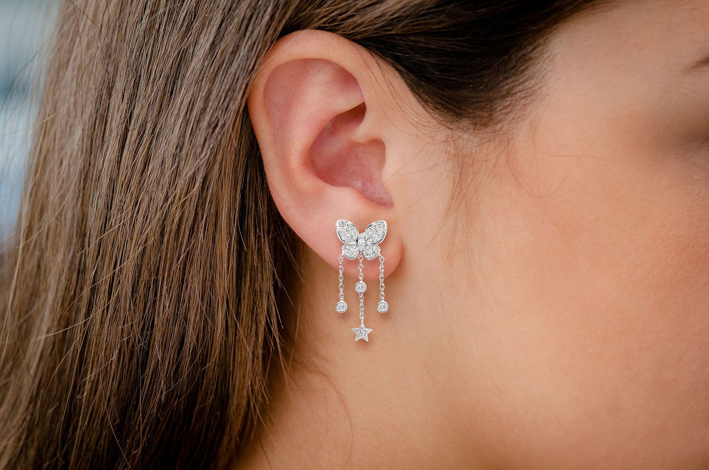 BUTTERFLY STAR DANGLING EARRINGS 14K SOLID GOLD 0.75CTW