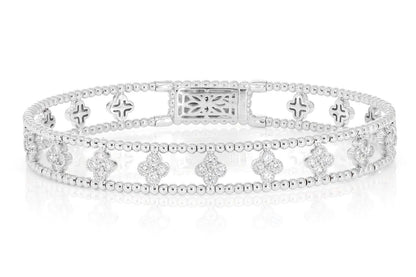 DIAMOND BEADED OPEN CLOVER FLEX BANGLE BRACELET 0.90CTW 14K SOLID GOLD