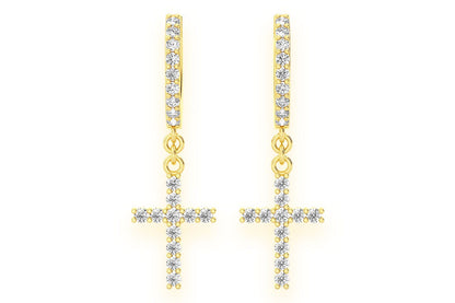 CERCEI CU DIAMANTE, FORMĂ CRUCE, AUR MASIV DE 14K, 0.40CT