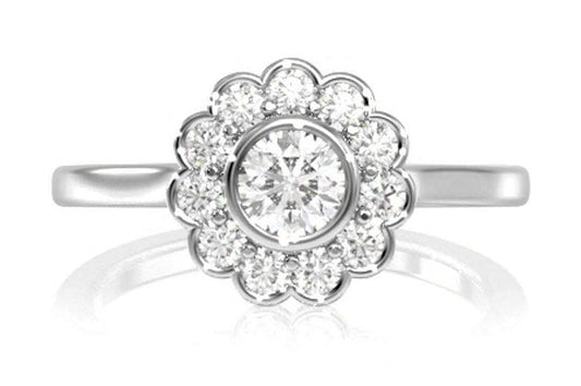 SCALLOP BEZEL FLOWER HALO 14K SOLID GOLD 0.50CTW