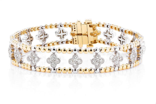 BRĂȚARĂ FLEXIBILĂ CU TRIFOI DESCHIS ȘI MĂRGELE DIAMANTE, AUR MASIV DE 14K, 2.50CT